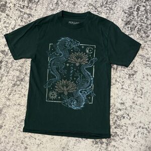Persaya Dark Green Dragon Lotus Graphic T Shirt Womens Small